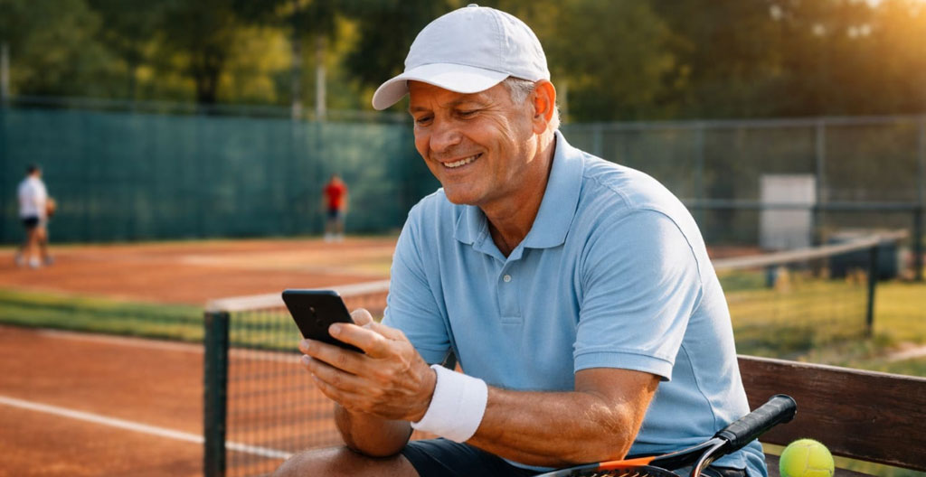 Un adolescent et son entraîneur assis sur un banc regardent ensemble une tablette, seuls leurs profils et leurs mains sont visibles