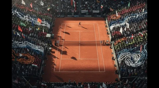 Vue aérienne d'un court de tennis pendant un match de Coupe Davis avec foule passionnée et joueur en pleine action