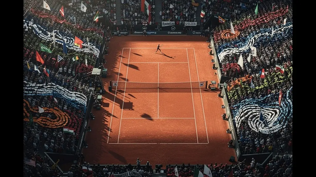 Vue aérienne d'un court de tennis pendant un match de Coupe Davis avec foule passionnée et joueur en pleine action