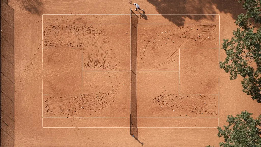 Vue aérienne d'un court de tennis montrant les trajectoires de balles avec changement de stratégie visible