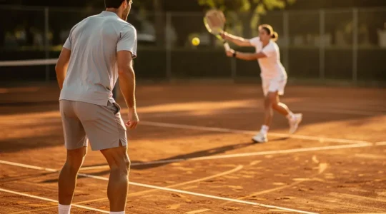 Deux joueurs de tennis pendant l'échauffement sur un court en terre battue, l'un observant attentivement le mouvement de coup droit de son adversaire