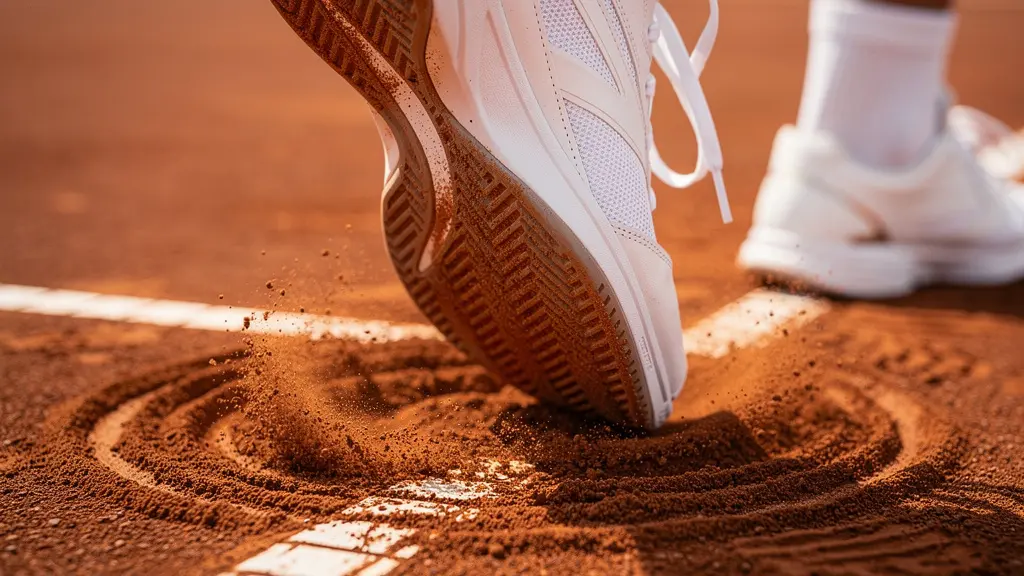 Vue macro sur les pieds d'un joueur de tennis montrant l'ancrage au sol lors de la rotation