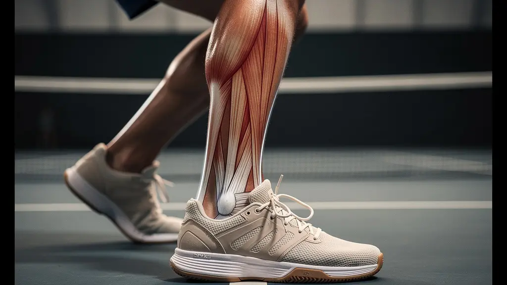 Vue latérale d'un joueur de tennis en mouvement brusque d'arrêt sur surface indoor avec focus sur les chevilles