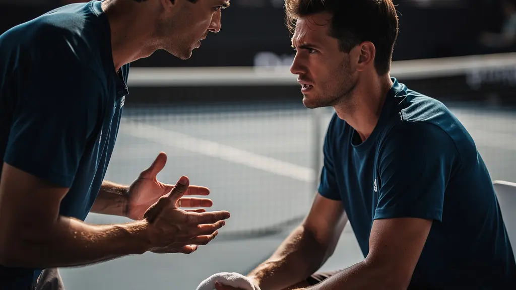 Gros plan sur l'interaction intense entre un capitaine et son joueur pendant un changement de côté