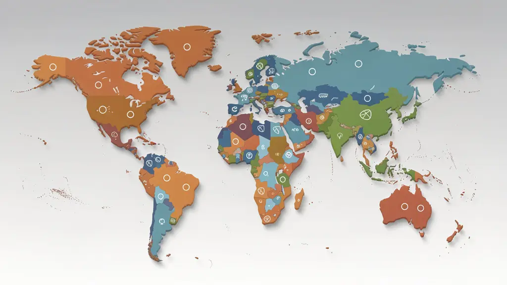 Carte du monde stylisée montrant les différentes zones de tournées du tennis professionnel avec des couleurs distinctes par continent