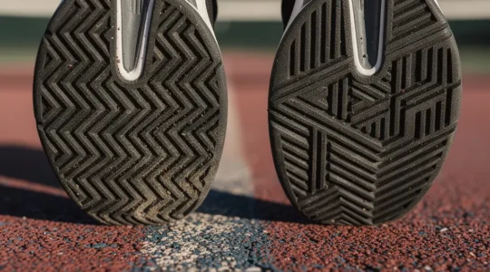 Vue détaillée de différents types de semelles de chaussures de tennis exposées sur surface dure