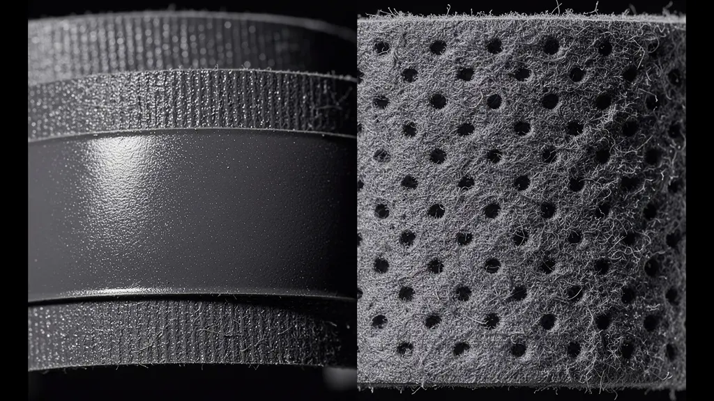 Vue macro comparative de deux textures de surgrips tennis, l'une lisse et collante, l'autre perforée