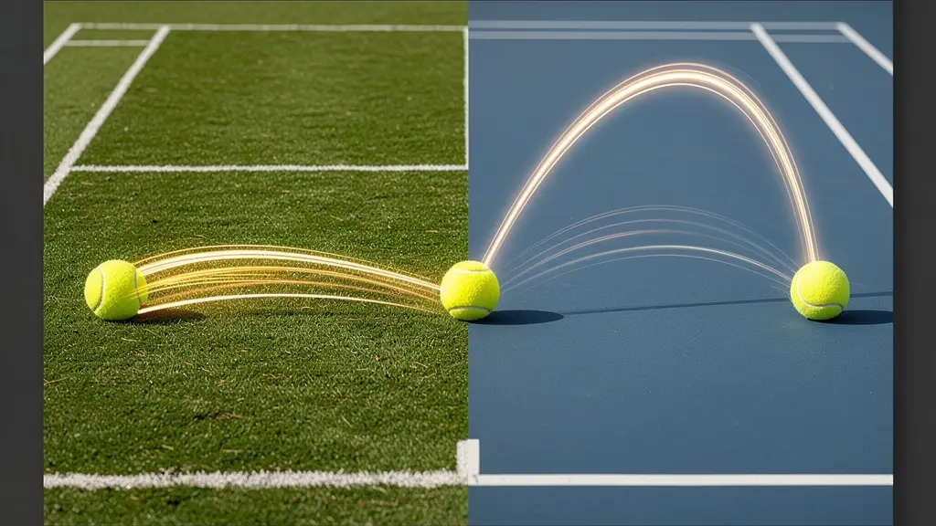 Comparaison visuelle du rebond d'une balle de tennis sur gazon et surface dure