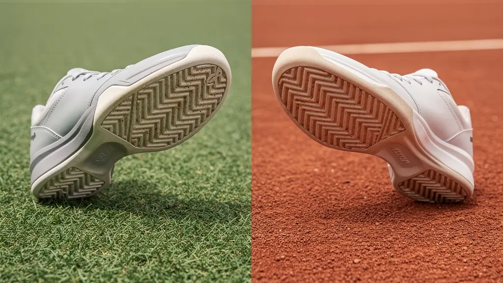 Comparaison visuelle entre semelle à picots pour gazon et semelle à chevrons pour terre battue