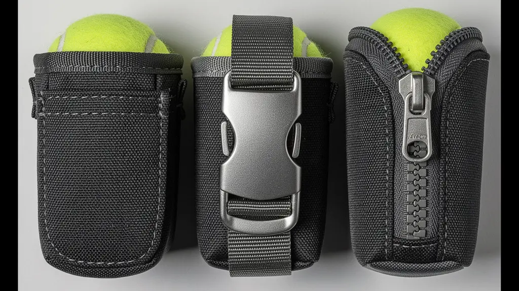 Vue macro sur différentes solutions de rangement de balle : poche profonde, clip ceinture et poche zippée