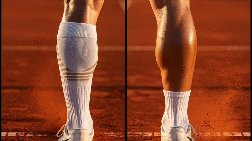 Comparaison visuelle entre chaussette de compression et chaussette classique sur jambe de joueur de tennis