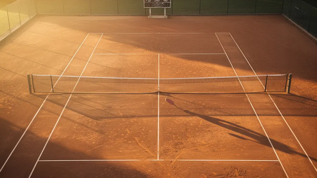 Vue d'ensemble d'un court de tennis avec ombre de joueur débutant face à un tableau de score complexe