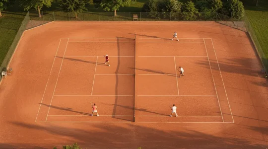 Vue aérienne d'un court de tennis en terre battue avec quatre joueurs positionnés stratégiquement, montrant les angles et zones de jeu du double