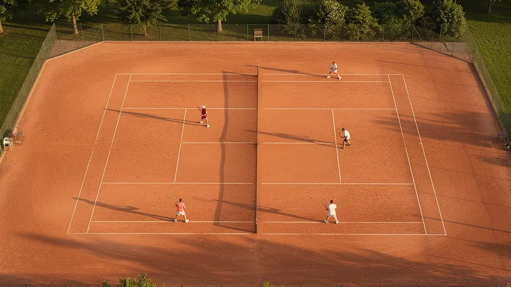 Vue aérienne d'un court de tennis en terre battue avec quatre joueurs positionnés stratégiquement, montrant les angles et zones de jeu du double