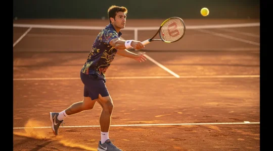 Joueur de tennis exécutant un coup droit puissant depuis la ligne de fond de court