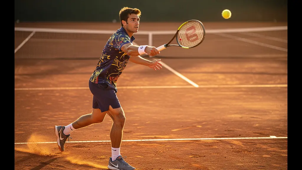 Joueur de tennis exécutant un coup droit puissant depuis la ligne de fond de court