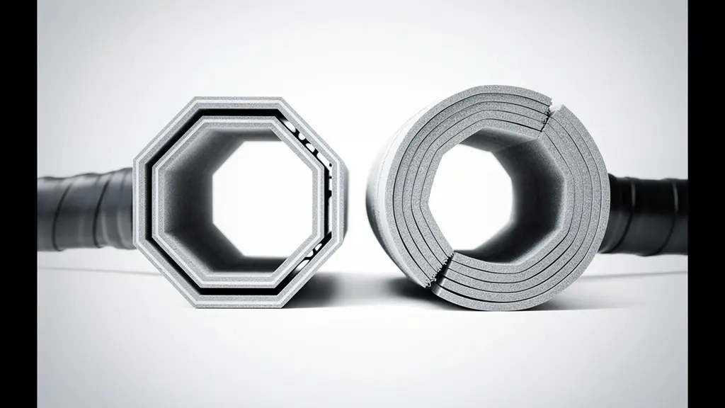 Vue en coupe d'un manche de raquette montrant la différence entre forme octogonale et arrondie