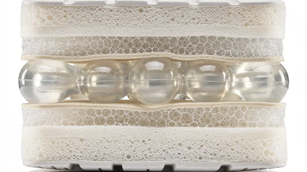 Vue en coupe d'une semelle de chaussure de tennis montrant les différentes couches de matériaux amortissants
