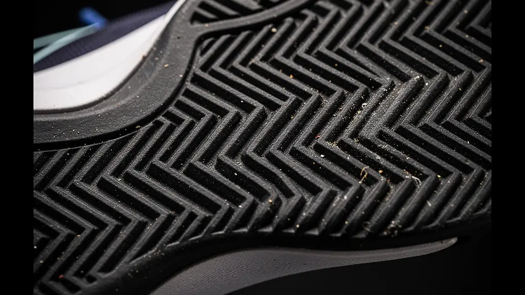 Vue macro de la sculpture d'une semelle de tennis montrant les zones d'usure