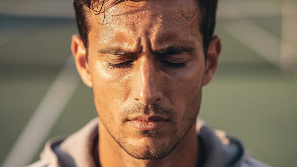 Joueur de tennis professionnel en phase d'échauffement mental, concentration visible