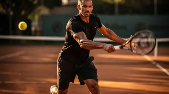 Joueur de tennis en plein élan sur court extérieur, muscles définis et concentration intense