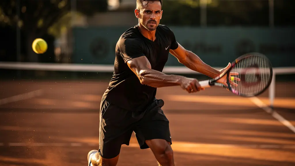 Joueur de tennis en plein élan sur court extérieur, muscles définis et concentration intense