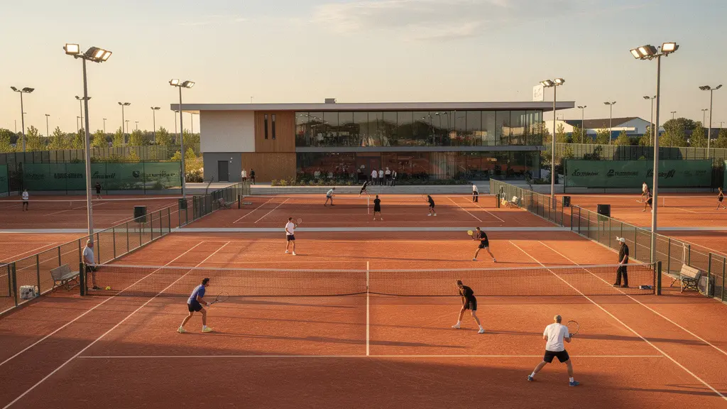 Vue aérienne d'un club de tennis moderne avec plusieurs courts éclairés et des joueurs en action