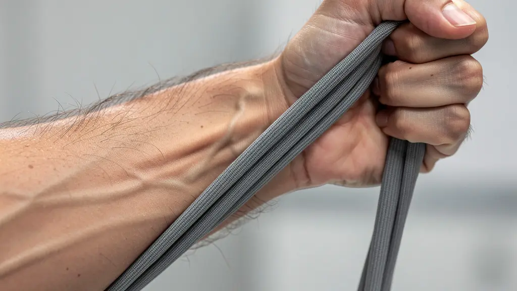 Avant-bras en position d'exercice avec élastique pour rééducation du tennis elbow