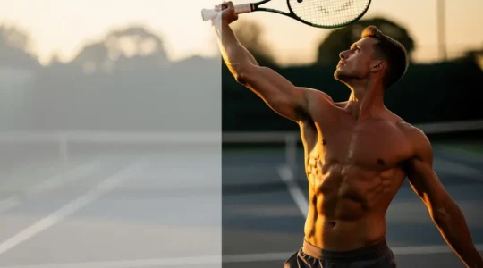 Joueur de tennis en pleine préparation du service montrant le gainage du tronc