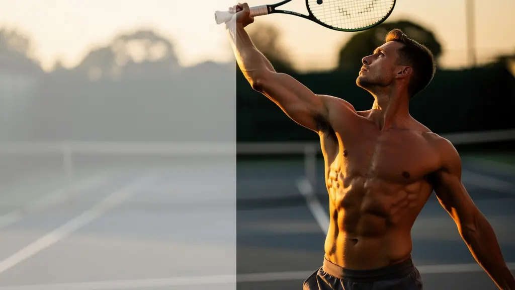 Joueur de tennis en pleine préparation du service montrant le gainage du tronc