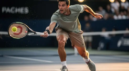 Joueur de tennis en plein effort lors d'un match marathon montrant des signes de fatigue physique