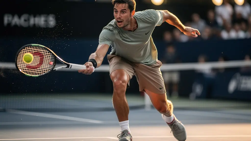 Joueur de tennis en plein effort lors d'un match marathon montrant des signes de fatigue physique