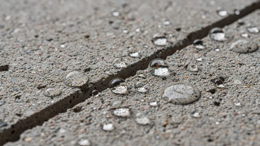 Gouttelettes d'eau perlant sur la texture granuleuse d'une dalle de béton poreux
