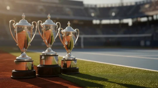 Quatre trophées de Grand Chelem sur terre battue, gazon et surface dure sous une lumière dorée créant une atmosphère légendaire