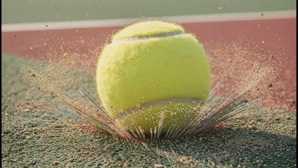 Gros plan sur l'impact d'une balle de tennis sur une surface de court avec déformation et projection de particules