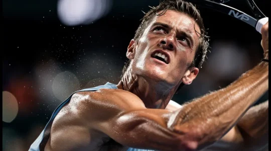 Joueur de tennis en plein effort intense lors d'un Masters 1000, montrant la fatigue physique extrême