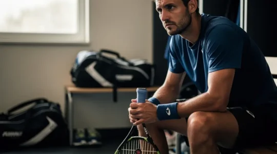 Portrait d'un joueur de tennis professionnel avec équipement et environnement de tournoi