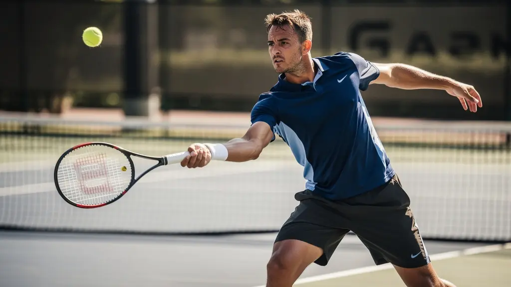 Joueur de tennis en plein effort durant un échange prolongé, montrant la concentration et l'endurance nécessaires