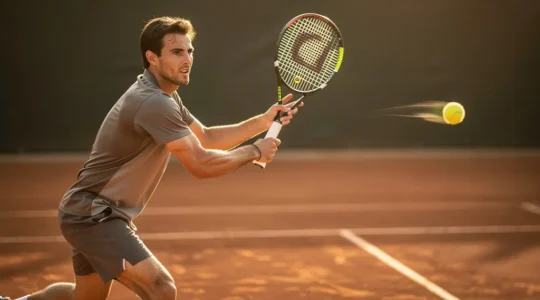 Joueur de tennis en pleine frappe liftée montrant la trajectoire ascendante de la raquette