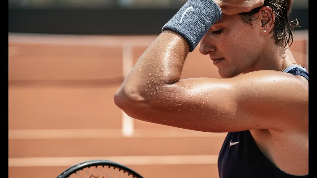Joueur de tennis essuyant son front avec un poignet éponge tout en protégeant ses yeux