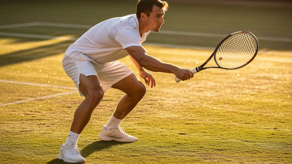 Joueur de tennis en position basse préparant un coup droit sur un court en gazon