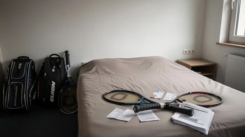 Joueur de tennis organisant ses déplacements avec cartes et équipement de voyage dans une chambre d'hôtel modeste