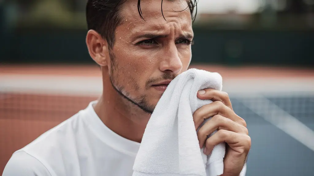 Joueur de tennis s'essuyant avec une serviette après un échange intense