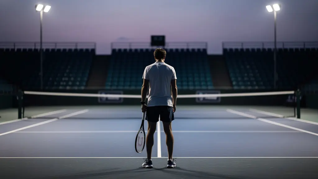 Joueur de tennis solitaire sur un court vide au crépuscule symbolisant le retour après blessure