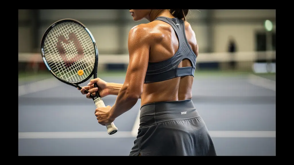 Portrait intime d'une joueuse de tennis professionnelle s'entraînant avec détermination, symbolisant le retour après maternité