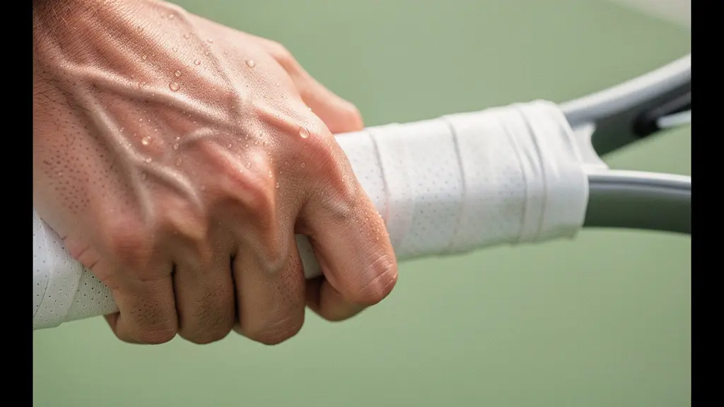 Main de joueur de tennis tenant une raquette avec surgrip visible, mise au point sur la prise