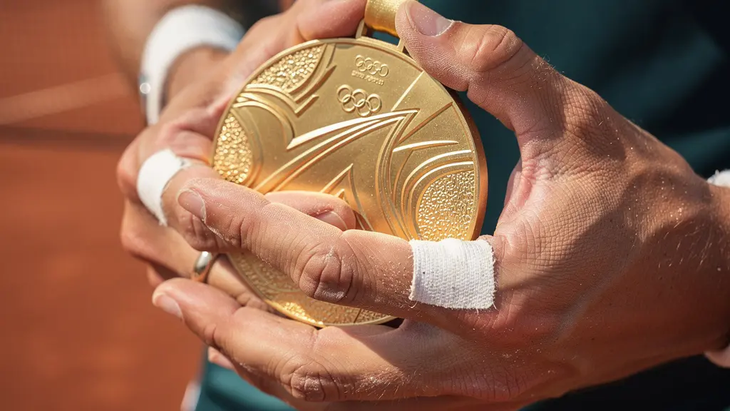 Un joueur de tennis tenant une médaille d'or olympique sur un court de tennis avec émotion