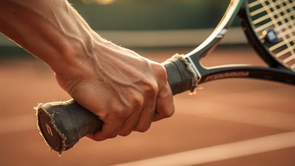 Main de joueur tenant une raquette de tennis avec une prise modifiée, sous lumière naturelle