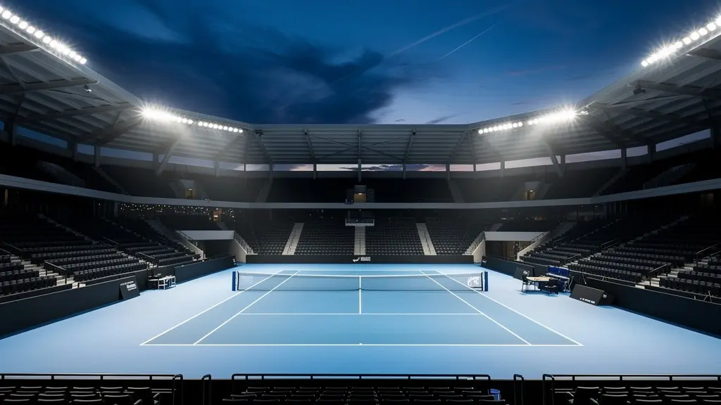 Court central de tennis illuminé pour une session nocturne avec toit rétractable