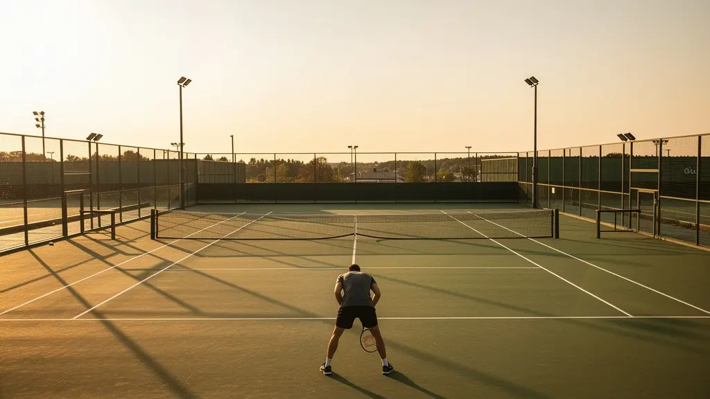 Vue large d'un court de tennis au coucher du soleil avec un joueur en position d'attente